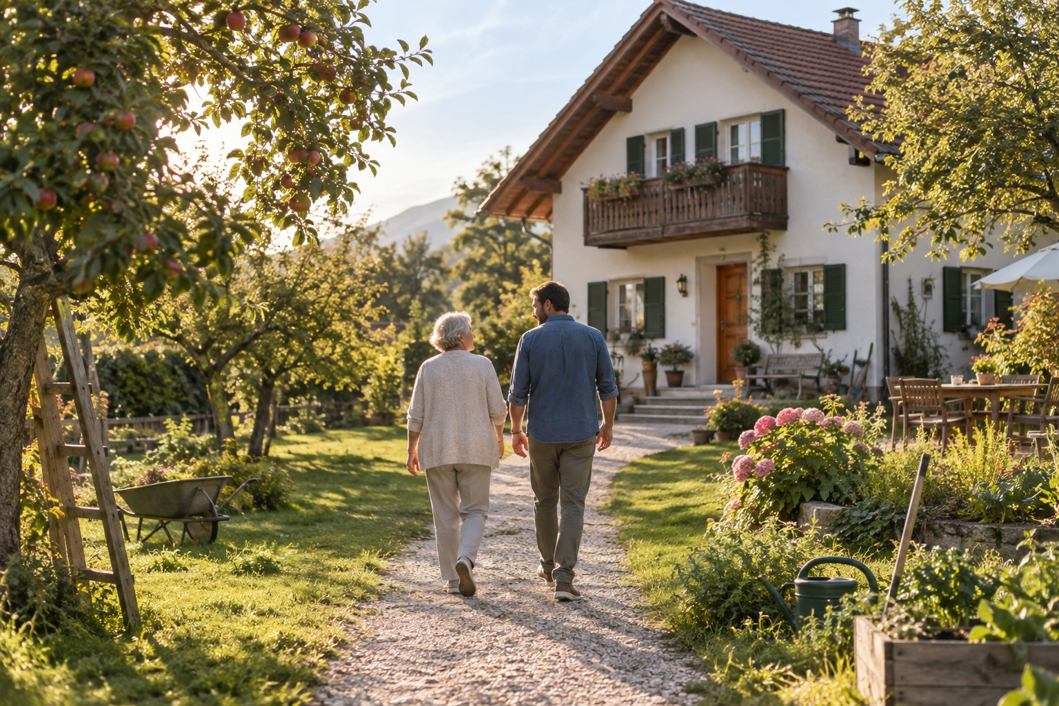 Mutter und erwachsener Sohn gehen durch einen Obstgarten auf ein Familienhaus zu